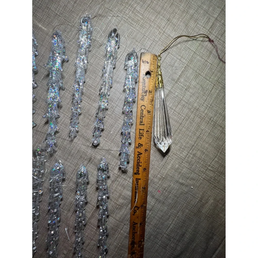 Vintage Iridescent Glitter Icicle Ornaments and Glass Prism Set 11 Piece Clear